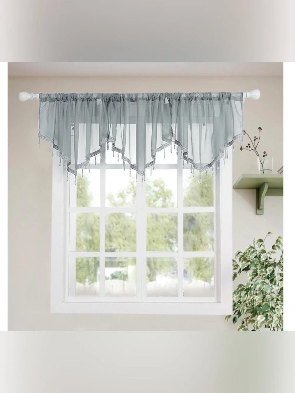 Semi-Sheer Scalloped Lace Valance with Crystal Beads 51x23” GRAY (1-count)
